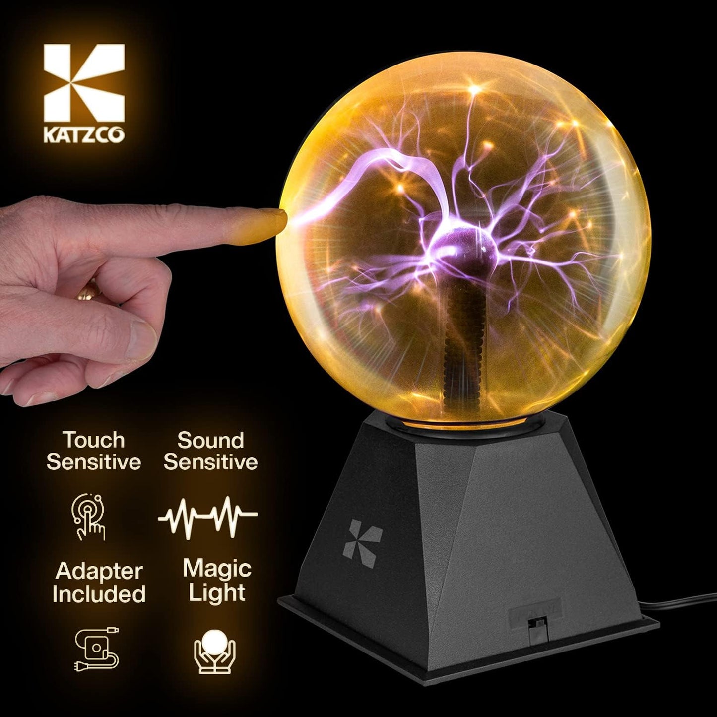 Katzco 7.5-Inch Orange Interactive Plasma Ball - Nebula Sphere, Thunder Lightning, Plug-in - Touch and Sound Sensitive Plasma Globe, STEM Science Toy for Parties, Decorations, Prop, Kids, and Gifts