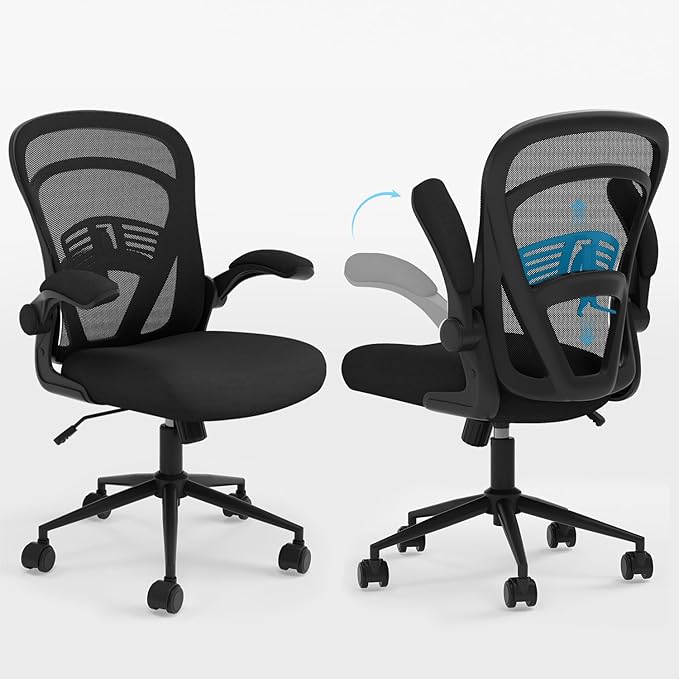 Computer Desk Chair with Wheels, Mesh Office Chair with Flip Up Arms, Adjustable Lumbar Support, Swivel Desk Chair Comfy, Black