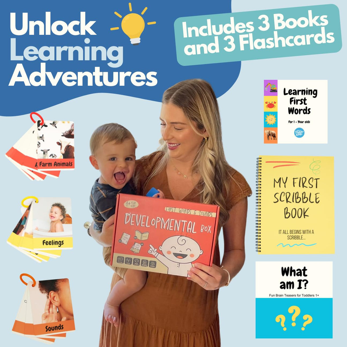 Pidoko Kids Developmental Baby Box - One Year Old Boy Birthday Gift - First Words, Sounds, Talk & Scribble for 1 + Boys Girls - Toddler Learning Activities Toys - Educational Board Books & Flashcards