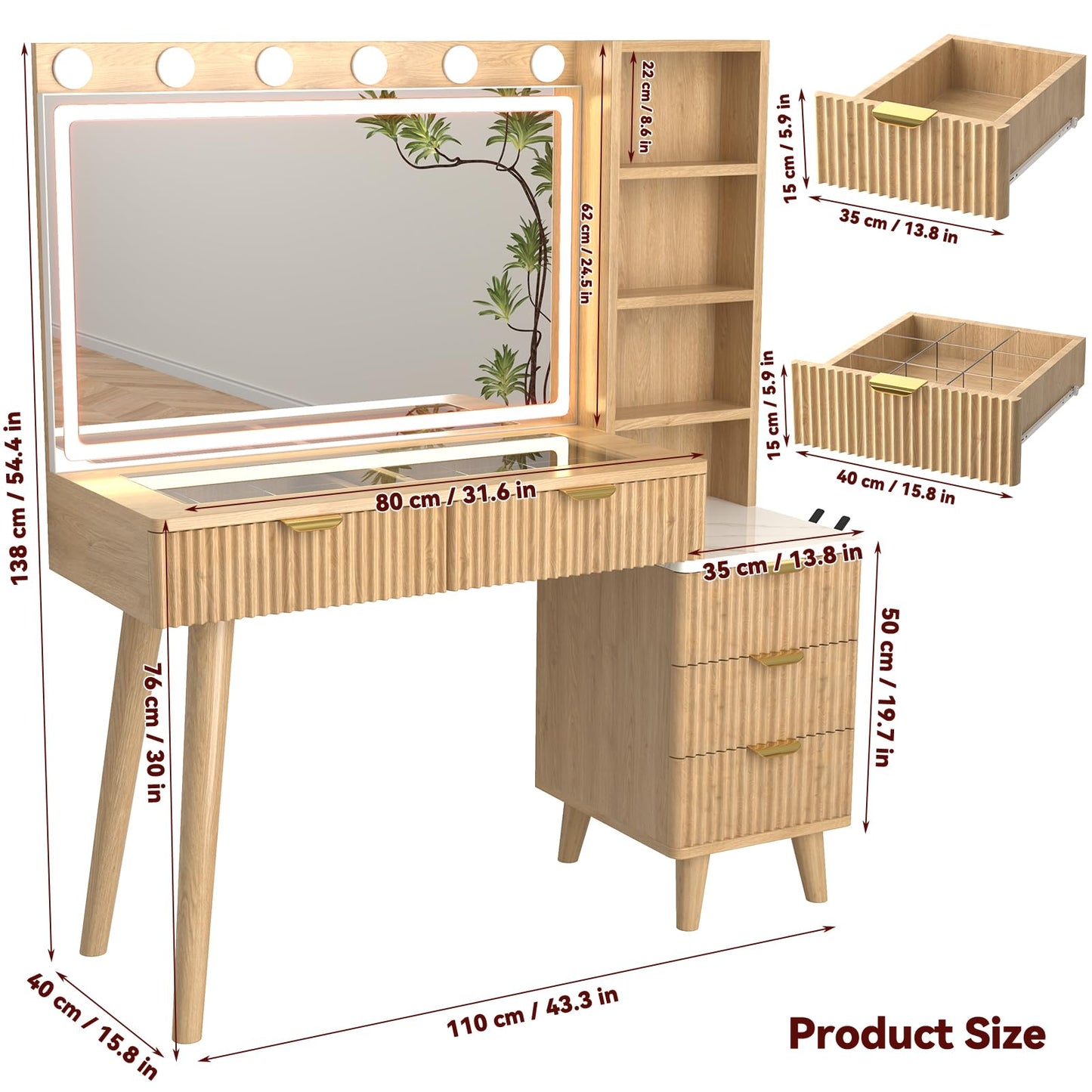SFDOU 43" Fluted Makeup Vanity Desk with 32" Mirror and Lights, Modern Glass Top Large Vanity Table with 5 Drawers and 3 Storage Shelves, Dressing Table Set with Charging Station for Bedroom-Gray