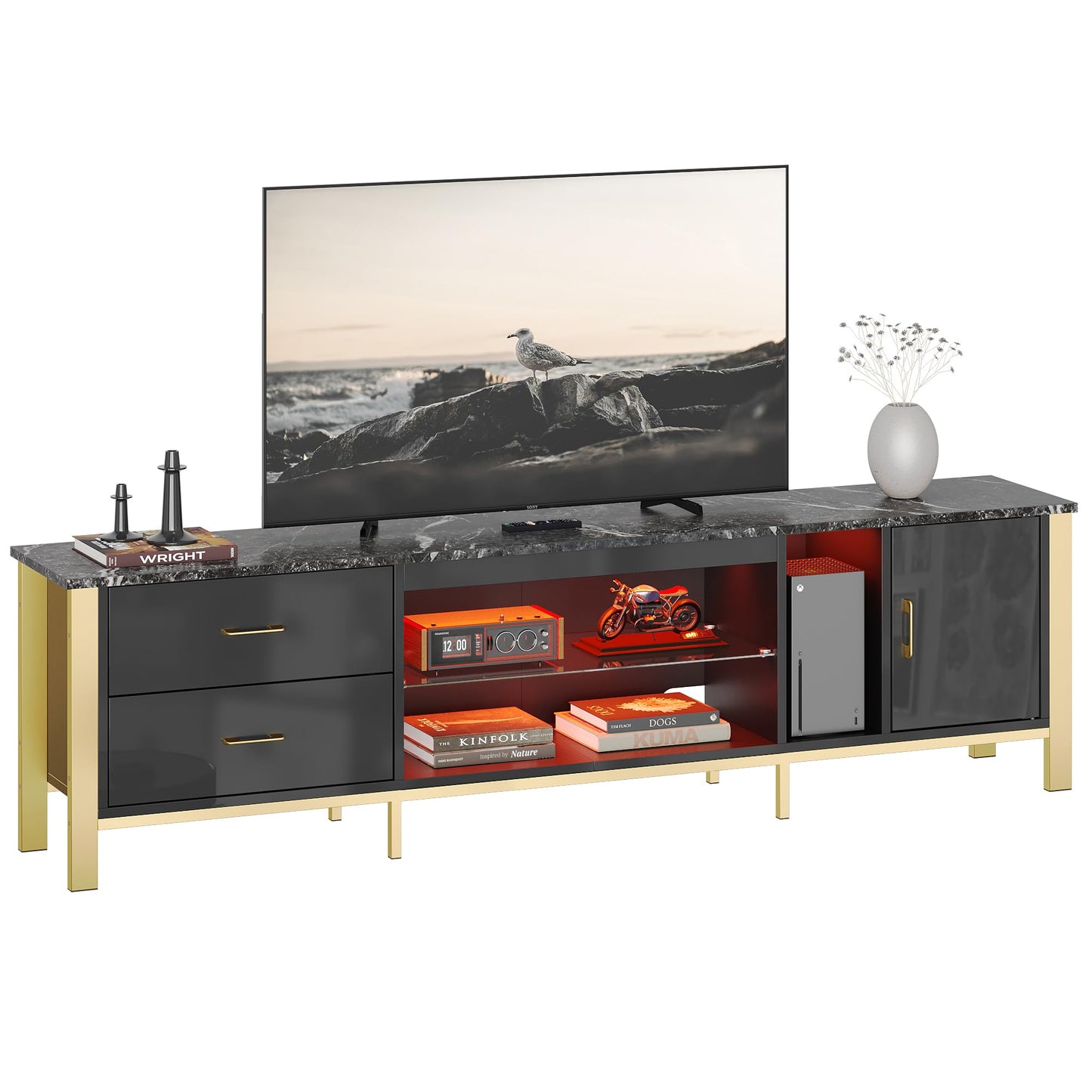 Bestier TV Stand for 75/80/85/90 Inch TVs, LED Gaming Entertainment Center, Modern TV Cabinet with Glass Shelves for Living Room, 2 Storage Drawers & Cabinets for Bedroom, Black Glossy