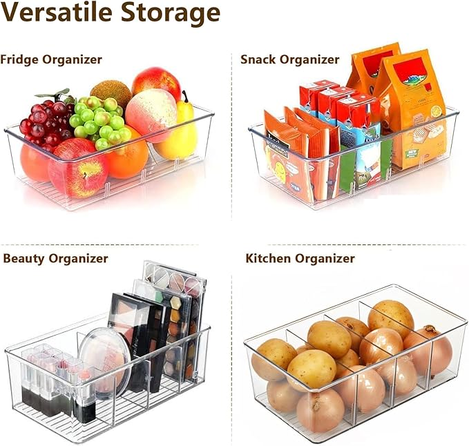6 Pack Pantry Organizers and Storage,4 compartment Snack Containers for Kitchen,Fridge,Refrigerator Organization and Storage,Clear Plastic Bins for Spice,Tea bag,Seasoning organizer
