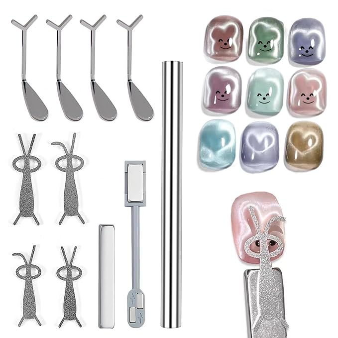 JERCLITY 3 Pieces Cat Eye Magnet for Nails Double Ended Cylindrical Nail Magnet Rectangle Magnets with 4 Y-Shaped Guide Metal Bracket + 4 Rabbit Shape Iron Plate for Heart and Rabbit Cat Eye Effect