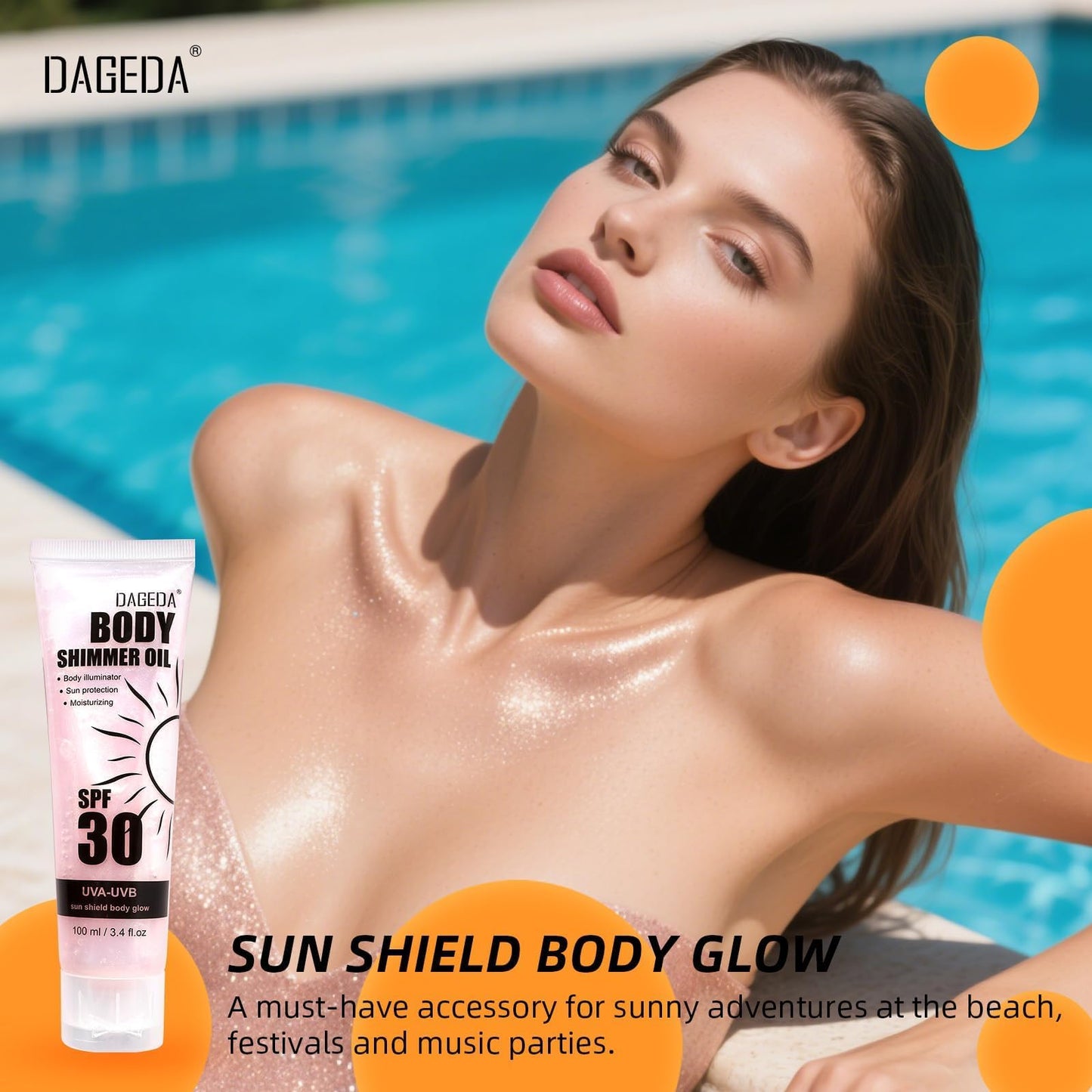 DAGEDA Body Glow Oil, SPF 30 Broad Spectrum Glitter Sunscreen, Lightweight, Non-sticky Sunscreen Body Shimmer, Sun Protection wi
