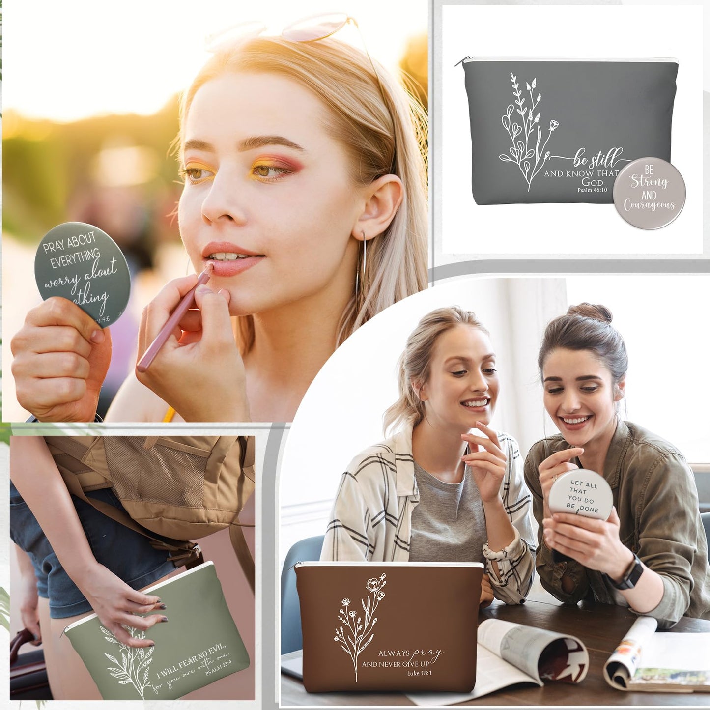Reginary 10 Sets Grandparent Day Gifts 10 Religious Canvas Makeup Bags 10 Bible Verse Compact Mirrors Church Inspirational Gifts for Ladies Clergy Appreciation Day(Neutral Colors,Aesthetic Style)