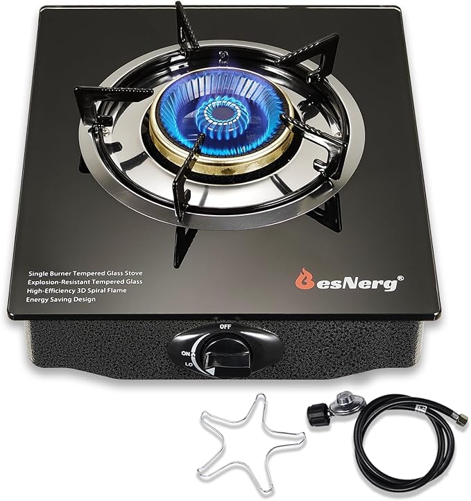 BesNerg Propane Stove 1 Burner Gas Stove, 14500 BTU High-Efficiency Auto Ignition Tempered Glass LPG Cooktop with CSA Regu...