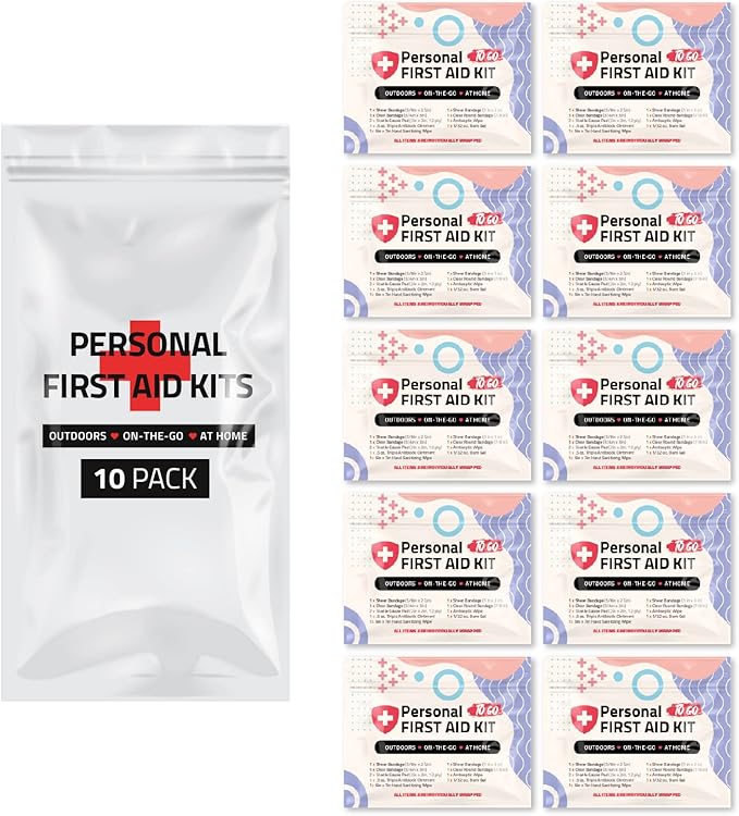 First Aid Emergency Medical Kit Mini and Travel Size - 10 Pack | Great for Kids, Schools, Business, Hiking, Camping | Woun...