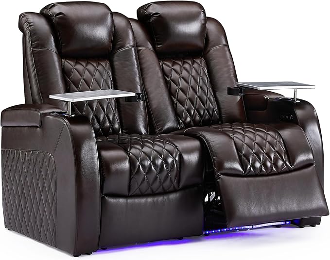 Weilianda Home Theater Seating Top Grain Leather Zero Gravity Recliner Chair Power Headrest Recline Movie Seat Gaming 7 Colors Mood Light Sofa with Tray Table USB Charge Row of 2 Loveseat Brown