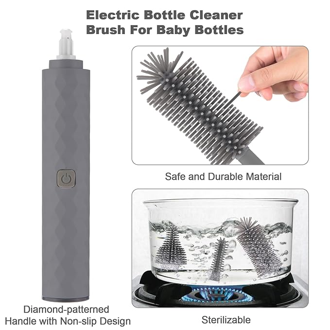 Electric Bottle Brush, 4 Piece Bottle Brush Set with Baby Bottle Brush Cleaner, Nipple Brush, Pacifier Cleaner, Straw Cleaner Brush, Gifts for Newborns and Mothers, Grey