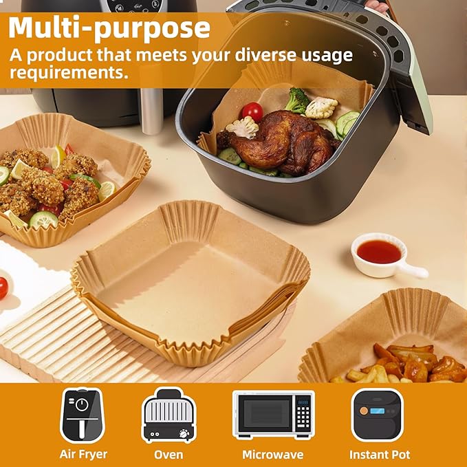 Air Fryer Paper Liners for 3-6 Qt, 4 qt Thickened Square 7.1 x 7.1 inch Disposable Parchment Liner Compatible with Ninja 5qt / Chefman 4-6 qt/Cosori 5qt / Instant Pot 4qt Airfryer