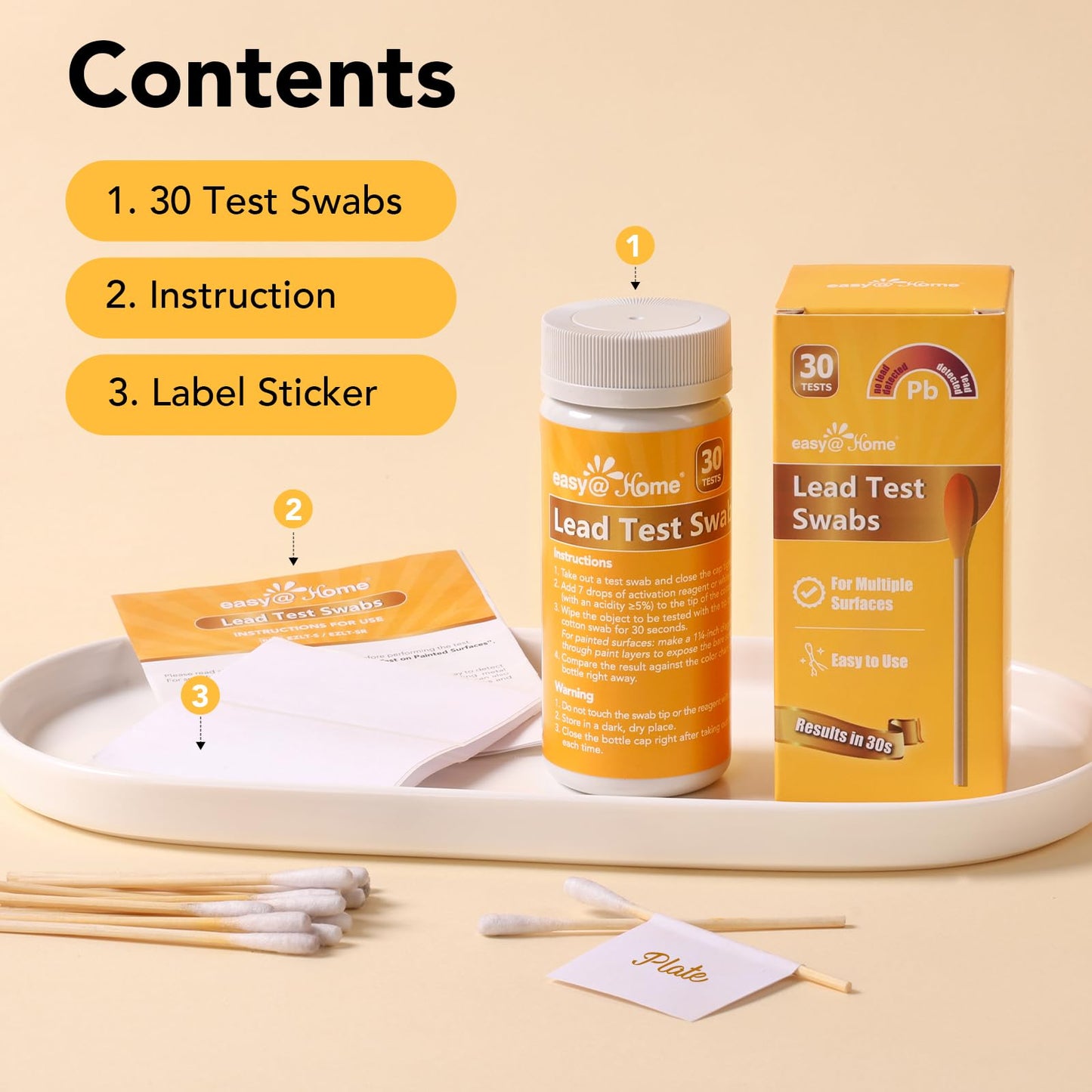 Easy@Home Lead Test Kit – 30 Rapid Testing Swabs with 30‑Second Colour‑Change Results. at Home Lead Test Kits Use for Paint, Toys, Dishes, Metals, Ceramic, Wood #EZLT-S:30
