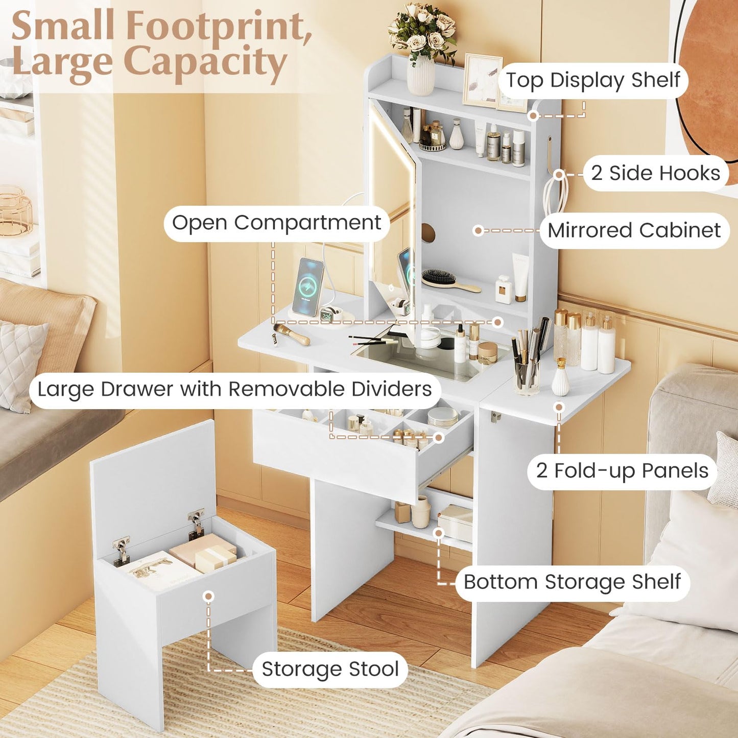 CHARMAID 20'' Girls Vanity Desk with Lighted Mirror & Charging Station, Glass Top Makeup Table with Fold-Up Side Panels, Mirrored Cabinet, Drawer & Storage Stool for Bedroom Small Place (White)