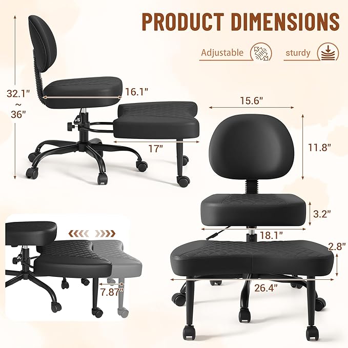 Homall Ergonomic Cross Legged Office Desk Chair with Wheels, 360° Swivel and Adjustable Height for Meditation and ADHD,Criss Cross Kneeling Chair with Lumbar Support (Leather, Black)