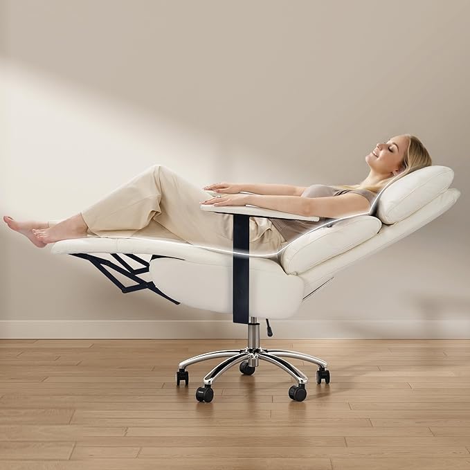 OKUP Reclining Office Chair with Adjustable Headrest and Footrest, 170° Ergonomic Comfortable Office Chair Zero Gravity, Leather Executive Home Office Desk Chair (Cream)