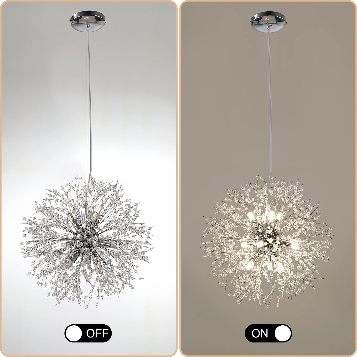 Lingkai 19.9" Chrome Modern Crystal Chandeliers Firework, Bubble Chandelier Lighting for Bathroom Dining Room Bedroom Kitchen Island Living Room Light Fixture, 9-Light Chrome Hanging Round Chandalier