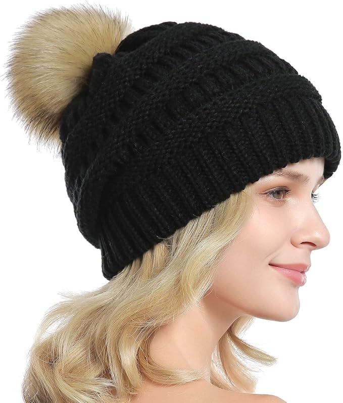 QUEENFUR Women Knit Slouchy Beanie Chunky Baggy Hat with Faux Fur Pompom Winter Soft Warm Ski Cap