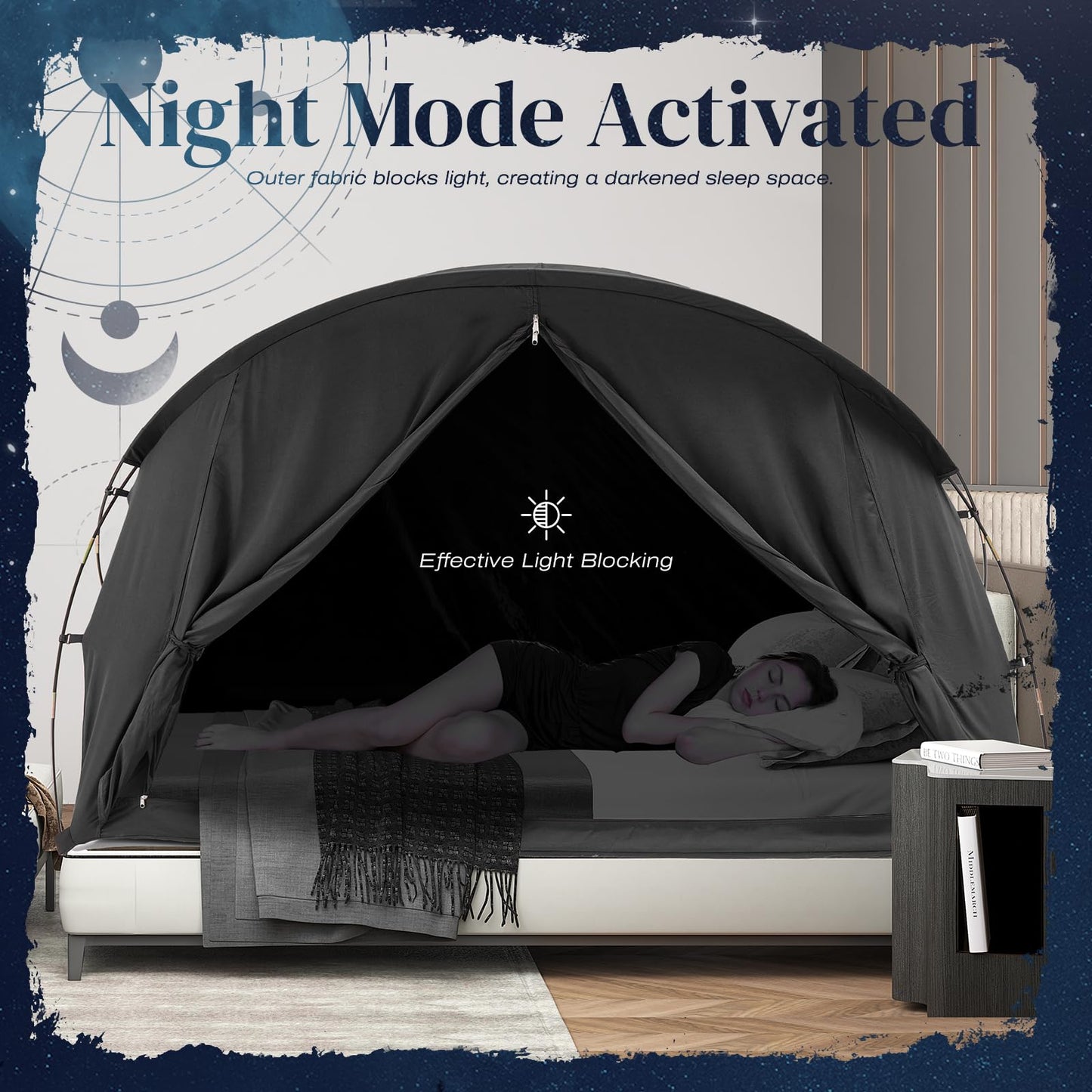 UNIHIMAL Bed Tent Canopy Full, Blackout Portable Sleep Tent Easy Setup, Breathable Mesh, Privacy Curtains for Adults, Ideal for Indoor