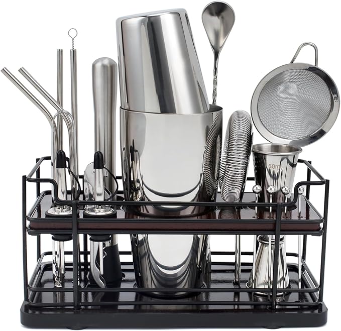 Boston Cocktail Shaker Set with Stand, 20-Piece Complete Bartender Kit for Home Bar Use, Essential Bar Set with 18oz & 28o...
