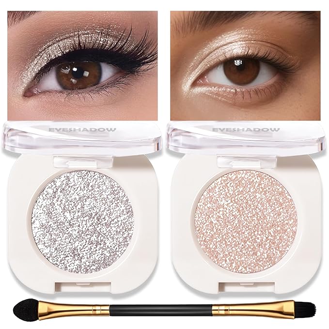Shimmer Glitter Eyeshadow Palette 2 PCS, Pear White Silver Eye Shadow Palettes Sparkle Neutral Eyeshadow for Women, Smooth Powder Lightweight Blendable Compact Daily Eyes Makeup, Set B