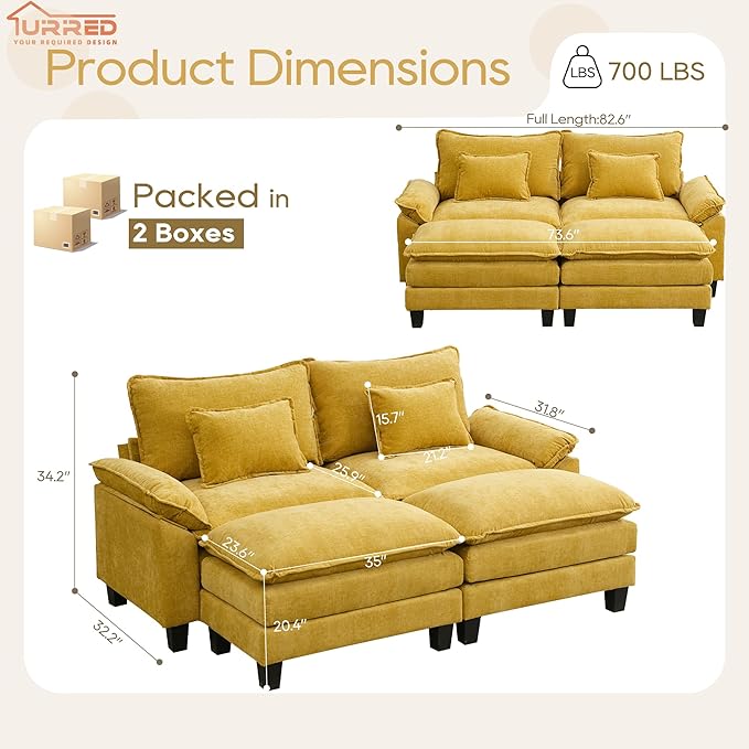 URRED Cloud Couch Modular Sectional Sofa, 87" Modern Loveseat Sofa with 2 Ottomans & Pillows, Ultra Comfy Chenille Couches for Living Room, Bedroom or Apartment, Yellow