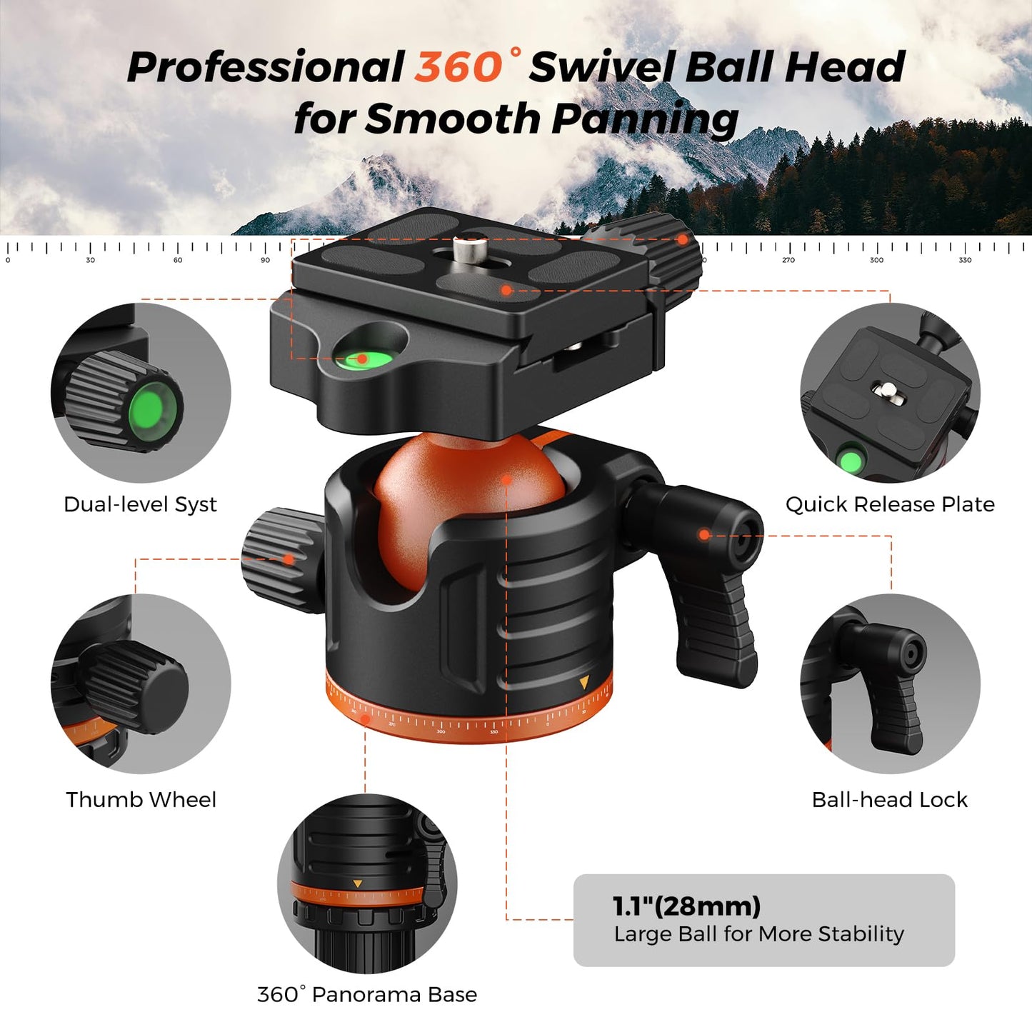 NearStream 72" Camera Tripod with 360° Ball Head, Heavy Duty Aluminum Adjustable 21–72 Inch Tripod/Monopod, 9 lb Load Professional Tripod for DSLR, Camera, Photography, Video Recording& Live Streaming