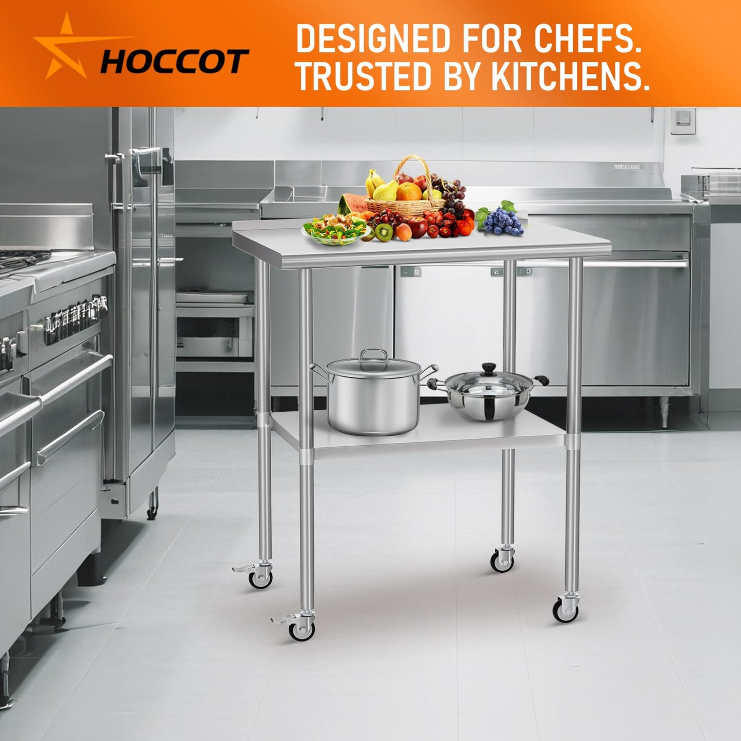 HOCCOT Stainless Steel Prep Table 24" X 30" with Adjustable Undershelf, Backsplash and Wheels, Commercial Metal Workstations for Kitchen, Garage, Outdoor BBQ