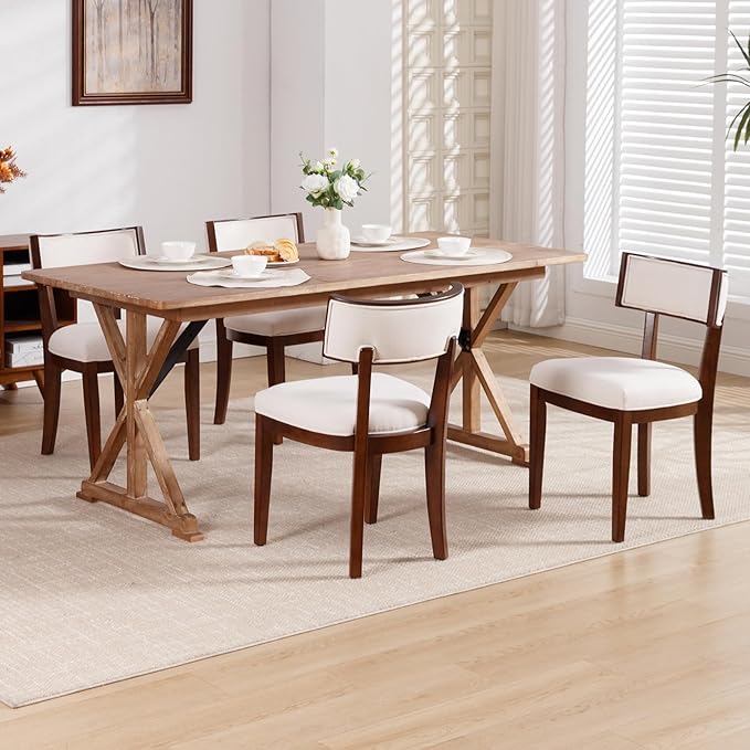 DM Furniture Dining Chairs Set of 6 Linen Fabric Upholstered Dining Room Chairs with Curved Backrest Mid Century Modern Farmhouse Kitchen Chair Solid Wood Side Chairs for Living Room/Restaurant