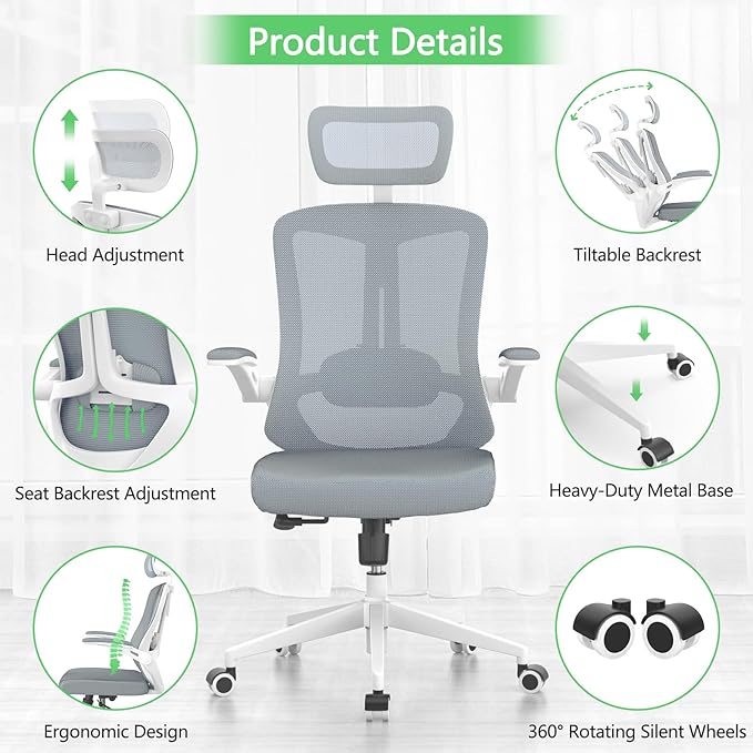balmstar Office Chair,Ergonomic Comfy Home Desk Chair with 350LBS Capacity,High Back Gaming Chair with Wheels,Mesh Computer Chair,Lumbar Support, Adjustable Headrest,Flip-up Armrest (A-gray + White-1)