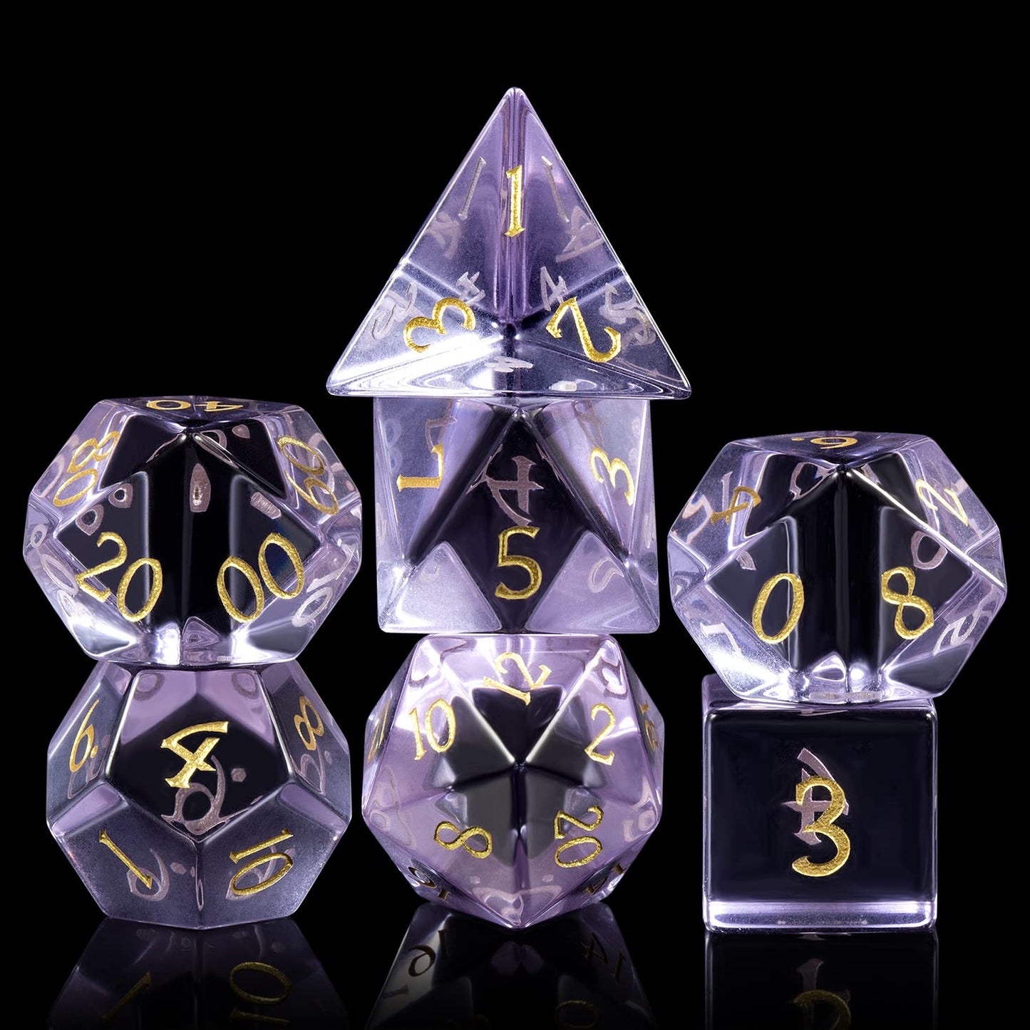 D&D Dice DNDND 7 Piece Zircon Glass Dice Set with Great Gift Box for Dungeons and Dragon DND Tabletop Game (Purple Glass with Gold Num)