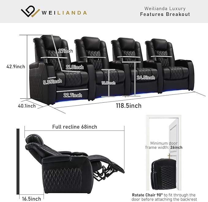 Weilianda Home Theater Seating Top Grain Leather Zero Gravity Recliner Chair Power Headrest Recline Movie Seat Gaming 7 Colors Mood Light Sofa with Tray Table USB Charge Row of 4 Black
