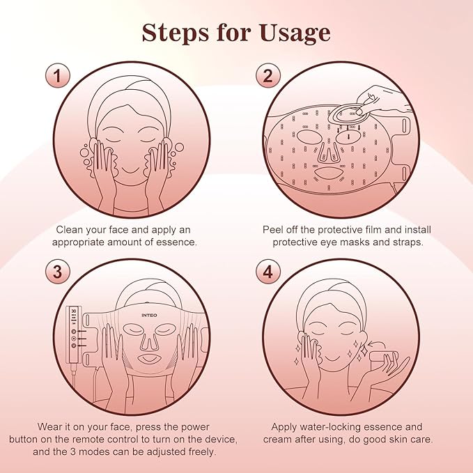 INTEO Red Light Therapy for Face, 3 Modes Portable Led Face Mask Light Therapy with Remote, Near-infrared 850 Red Light Mask with Timing Function, Led Light Therapy At Home 180 LED Beads