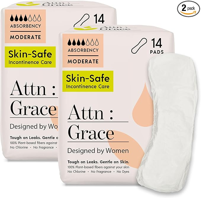 Attn: Grace Moderate Incontinence Pads for Women 2-Pack (56 Pads Total / 28 per Pack) - High Absorbency for Sensitive Skin - Protection for Heavy Bladder Leakage/Discreet, Breathable, & Plant-Based