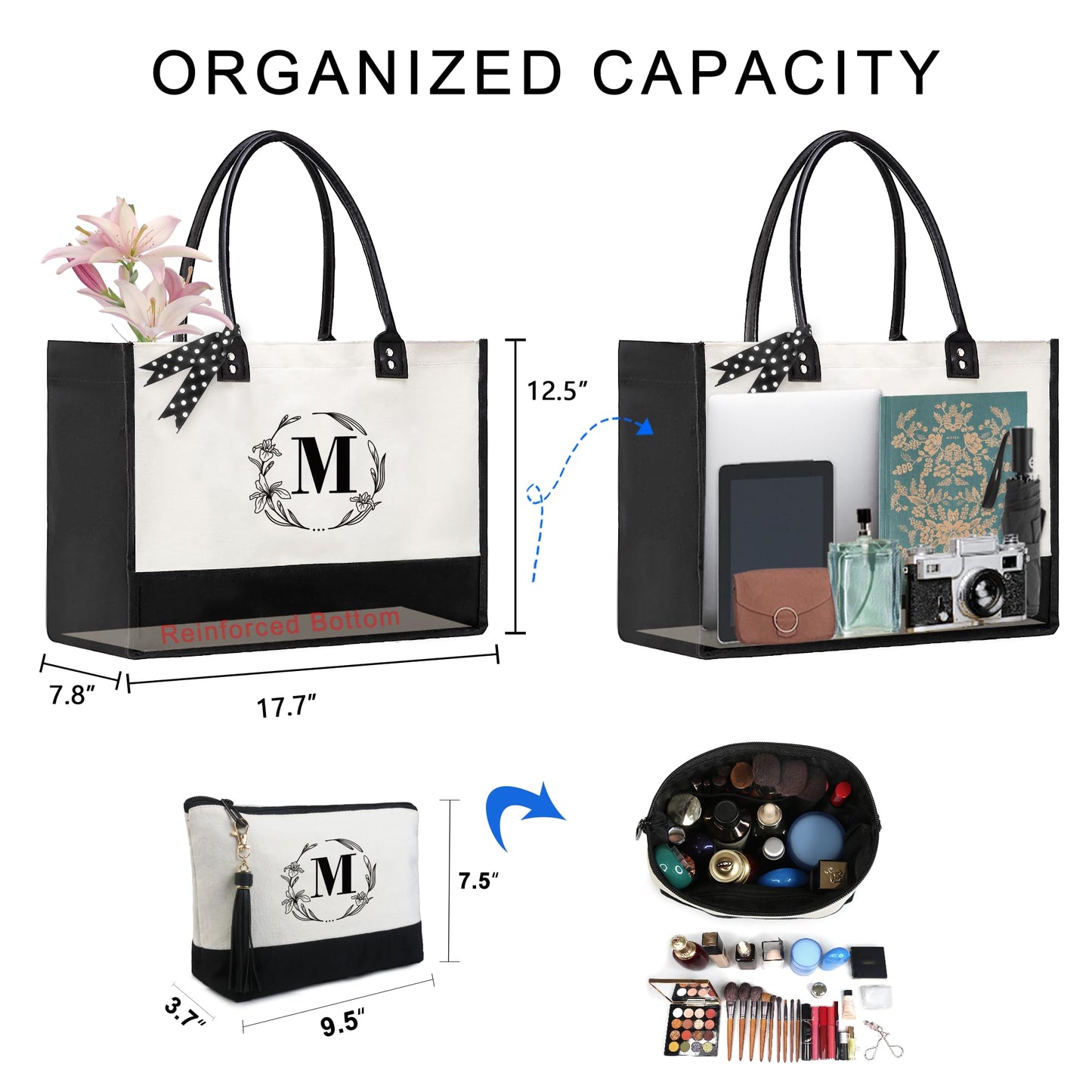 BeeGreen Birthday Gifts Personalized Women's Large White and Black Canvas Tote Bag, Embroidered Initials, Leather Handle, Zipper Closure