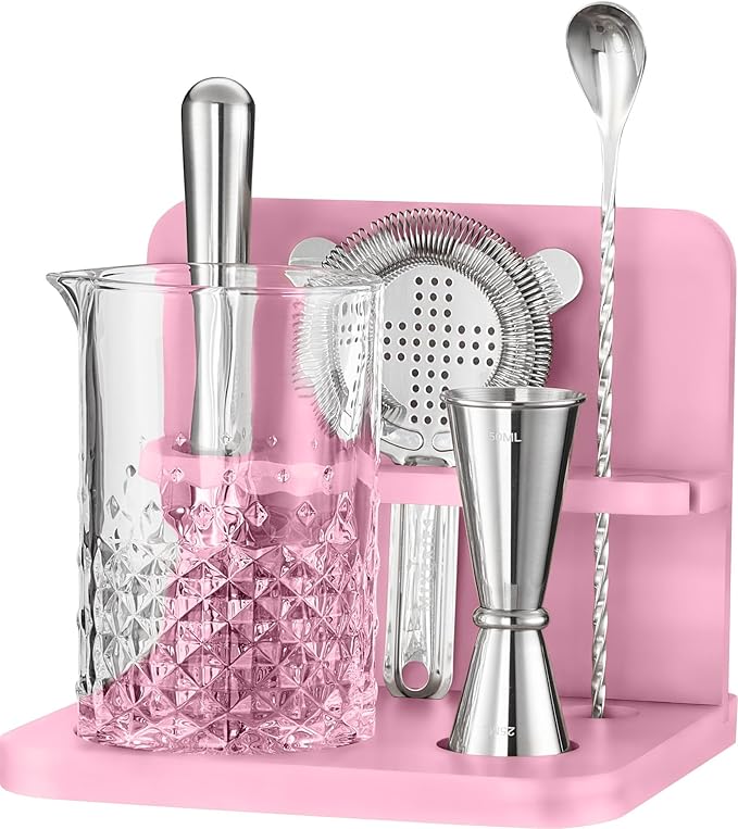 Mixeries Crystal Cocktail Mixing Glass Set with Bamboo Stand - 22 Oz 650ml - Thick and Sturdy Bottom, Durable and Seamless...