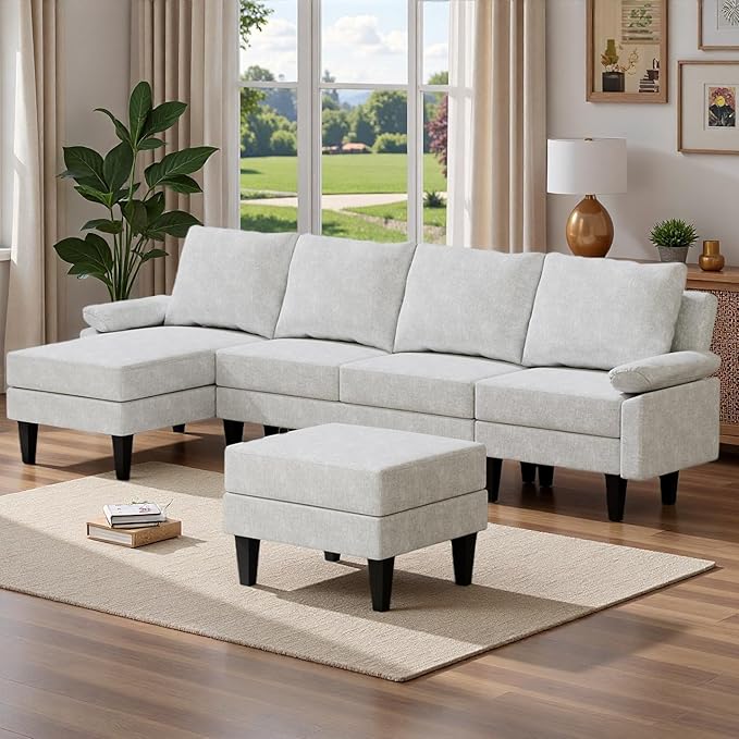 Topcomfy U-Shaped Sectional Couches for Living Room, Convertible 4 Seat Modular Sectional Sofa Set with Ottoman, Modern L Shaped Couch with Chaise for Bedroom Apartment and Office, Chenille White