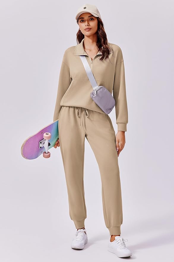 PINSPARK 2 Piece Sets for Women 2025 Fall Travel Outfits Long Sleeve Tracksuit Joggers Sets Half Zip Sweatsuit Matching Set