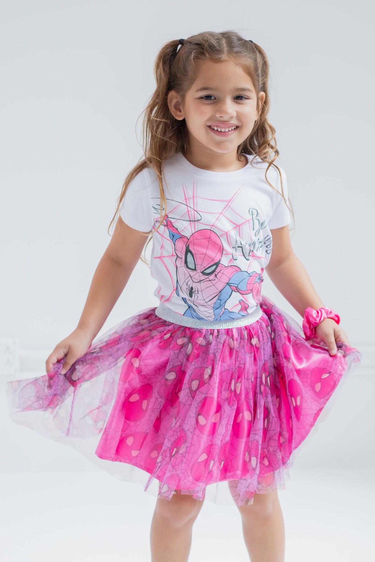Marvel Spider-Man Toddler Girls T-Shirt Tulle Mesh Skirt and Scrunchie 3 Piece Outfit Set White/Pink 2T
