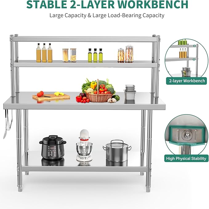 YITAHOME NSF Stainless Steel Table with Overshelves, 42" X 24" Work Table with 42" X 12" Shelf, Metal Table Prep Table for Home Kitchen Restaurant Garage Warehouse