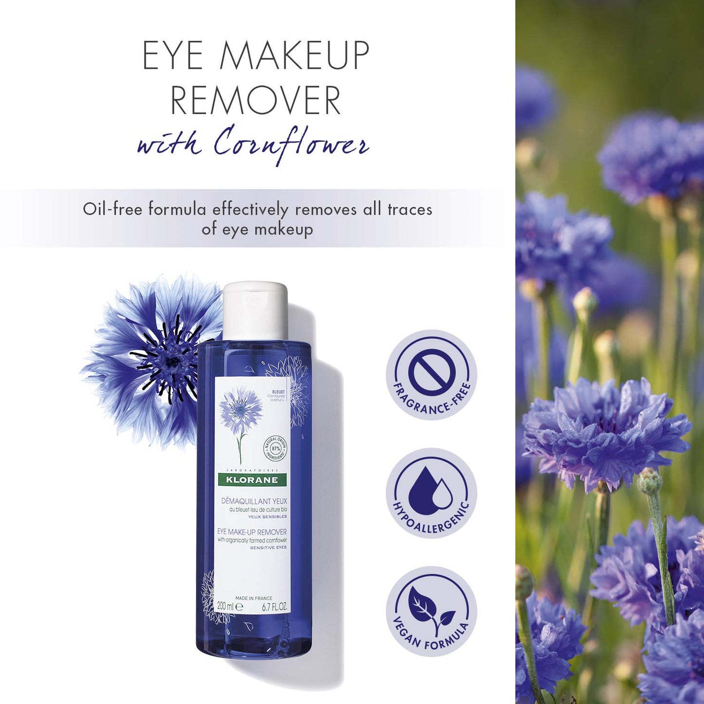 Klorane - Eye Makeup Remover With Organically Farmed Cornflower - For Sensitive Skin - Free of Oil, -Fragrance, & Sulfates - 6.7