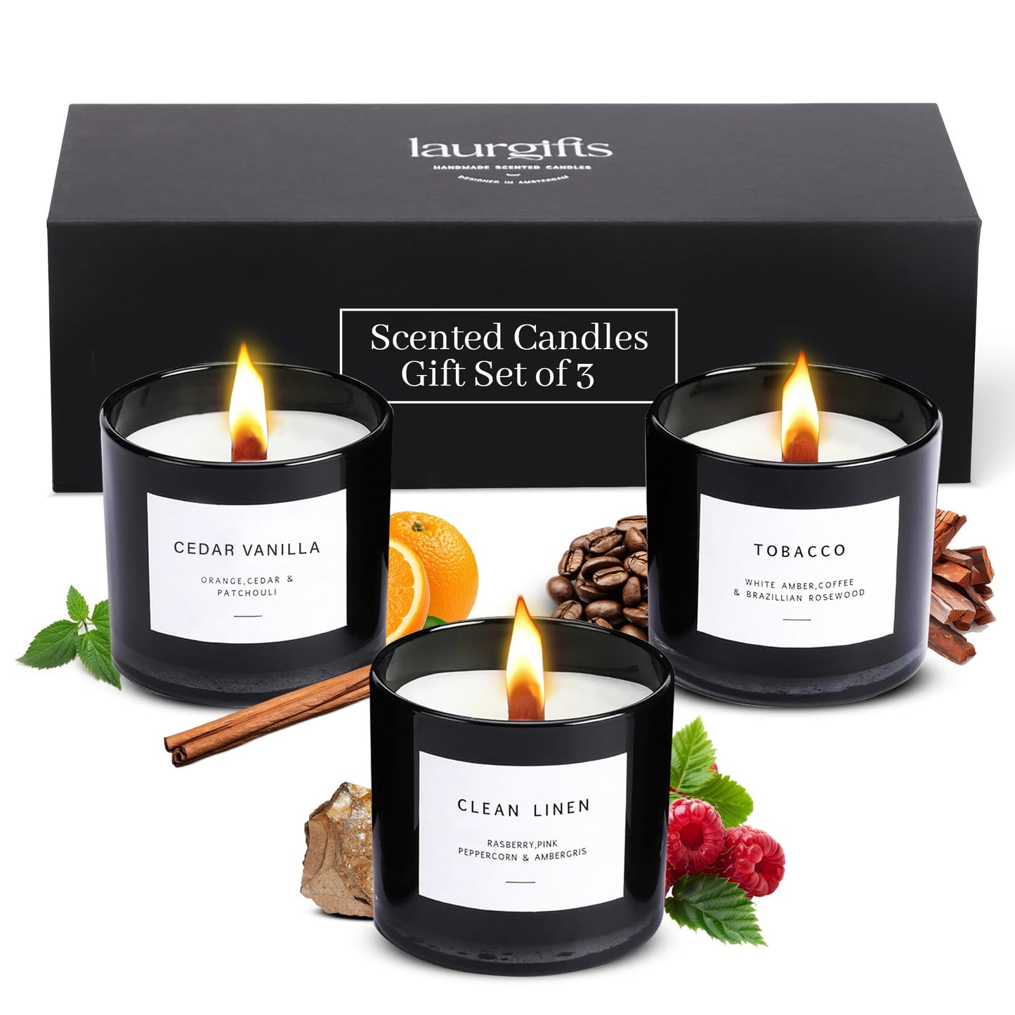 Scented Candles for Men – Masculine Candle Gift Set of 3 with Tobacco, Cedar Vanilla & Clean Linen – Luxury Black Candles Gift Box, Birthday Gifts for Men, Candles for Boyfriend, Christmas Gifts