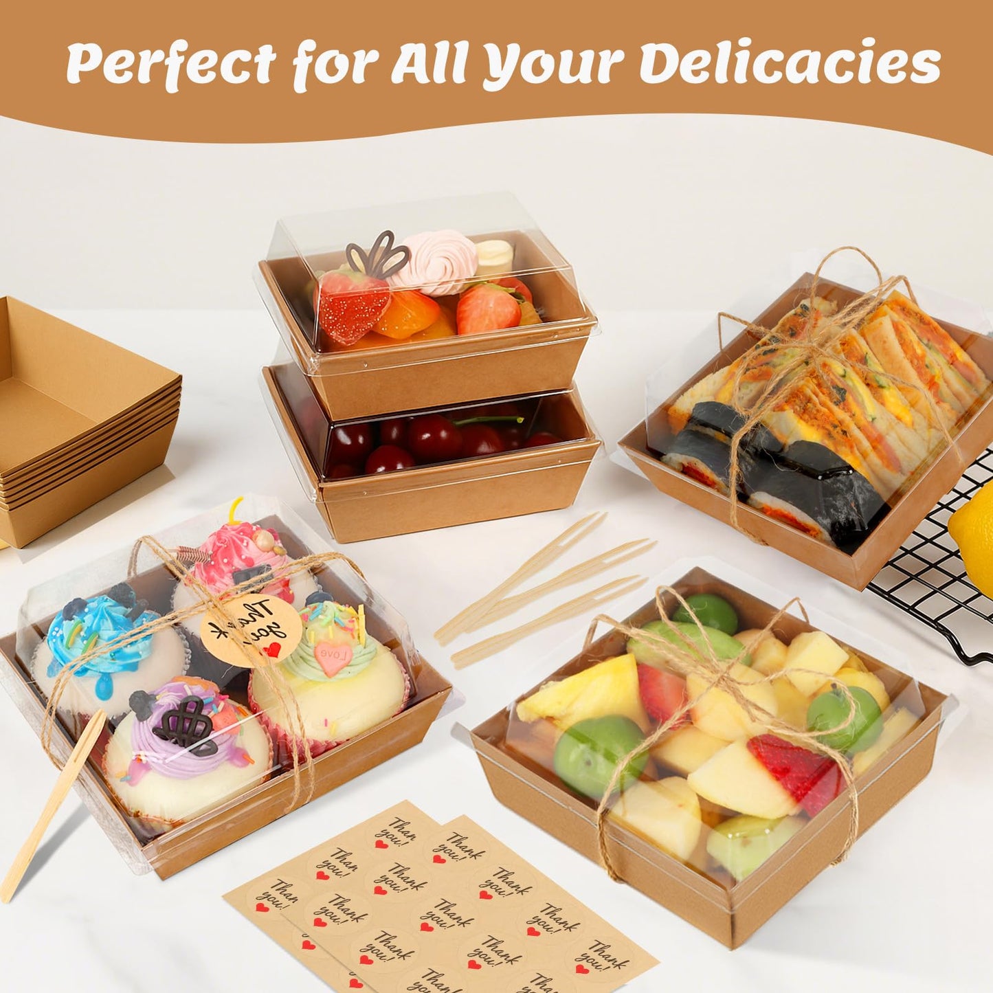 ZYFOTZUN 24 Pack Small Charcuterie Boxes with Clear Lids, Paper Mini Charcuterie Box To Go, Disposable Food Container with Lid, Dessert Boxes for Sandwich, Cookie, Sushi, Cake Slice, and Strawberries
