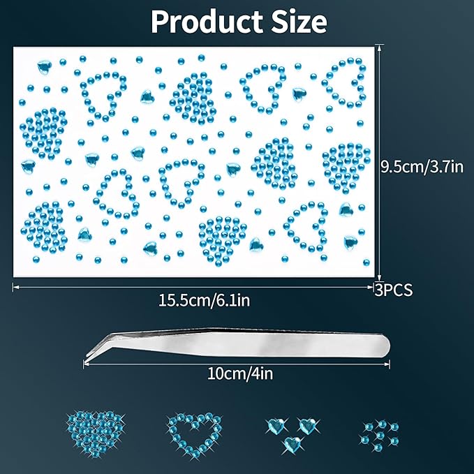 3 Sheets Rhinestone Stickers Self Adhesive Rhinestones Gems for Face Eyes Makeup Hair Body Stick on Rhinestones Stickers for Valentine Festival Decal Decor(Aqua Blue)