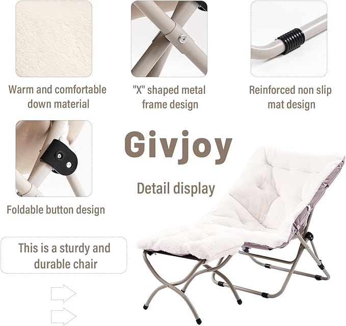 Givjoy Comfy Folded Chair with Ottoman, Oversized Folding Faux Fur Chair Soft Furry Lounge Lazy Chair with Metal Frame Moon Chair Accent Chair for Bedroom, Living Room, Dorm Rooms