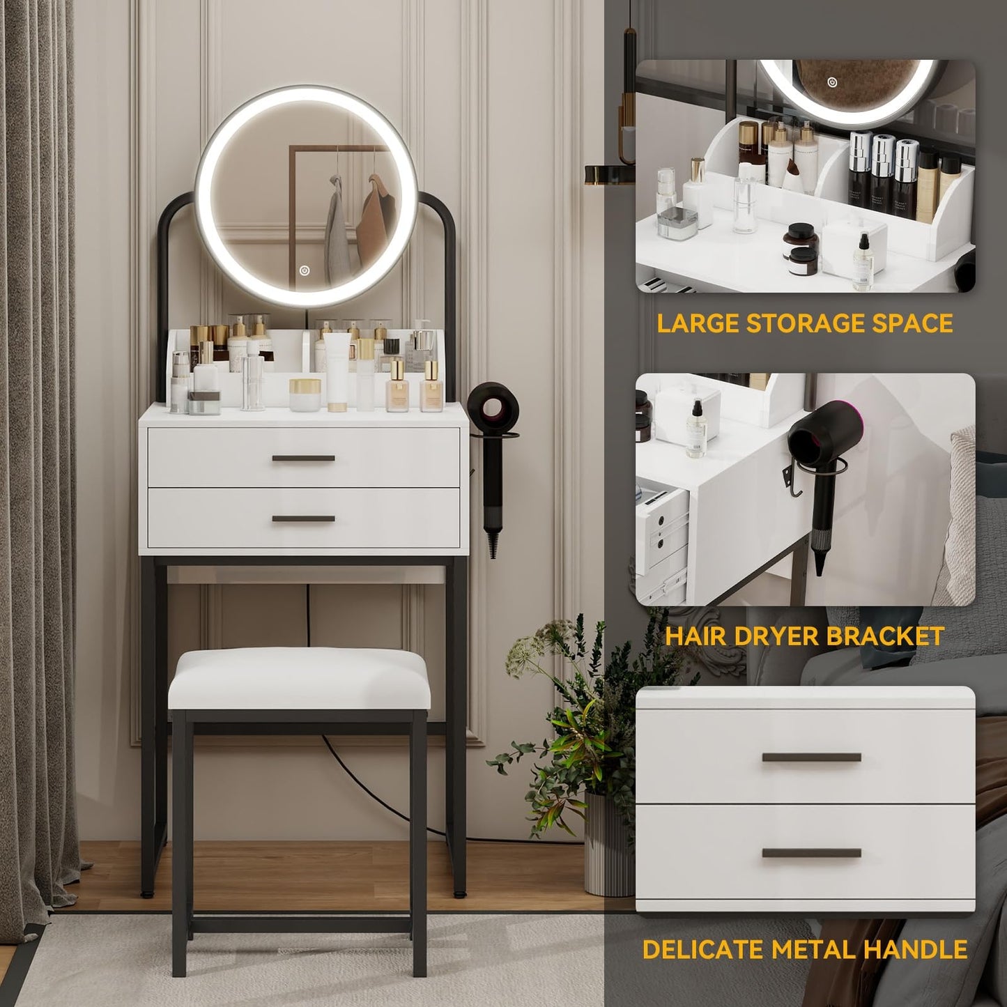 ARTETHYS Small Vanity Desk with Mirror and Lights Compact Makeup Vanity Set with Drawers for Bedroom Mini White Modern Dressing Table with Stool