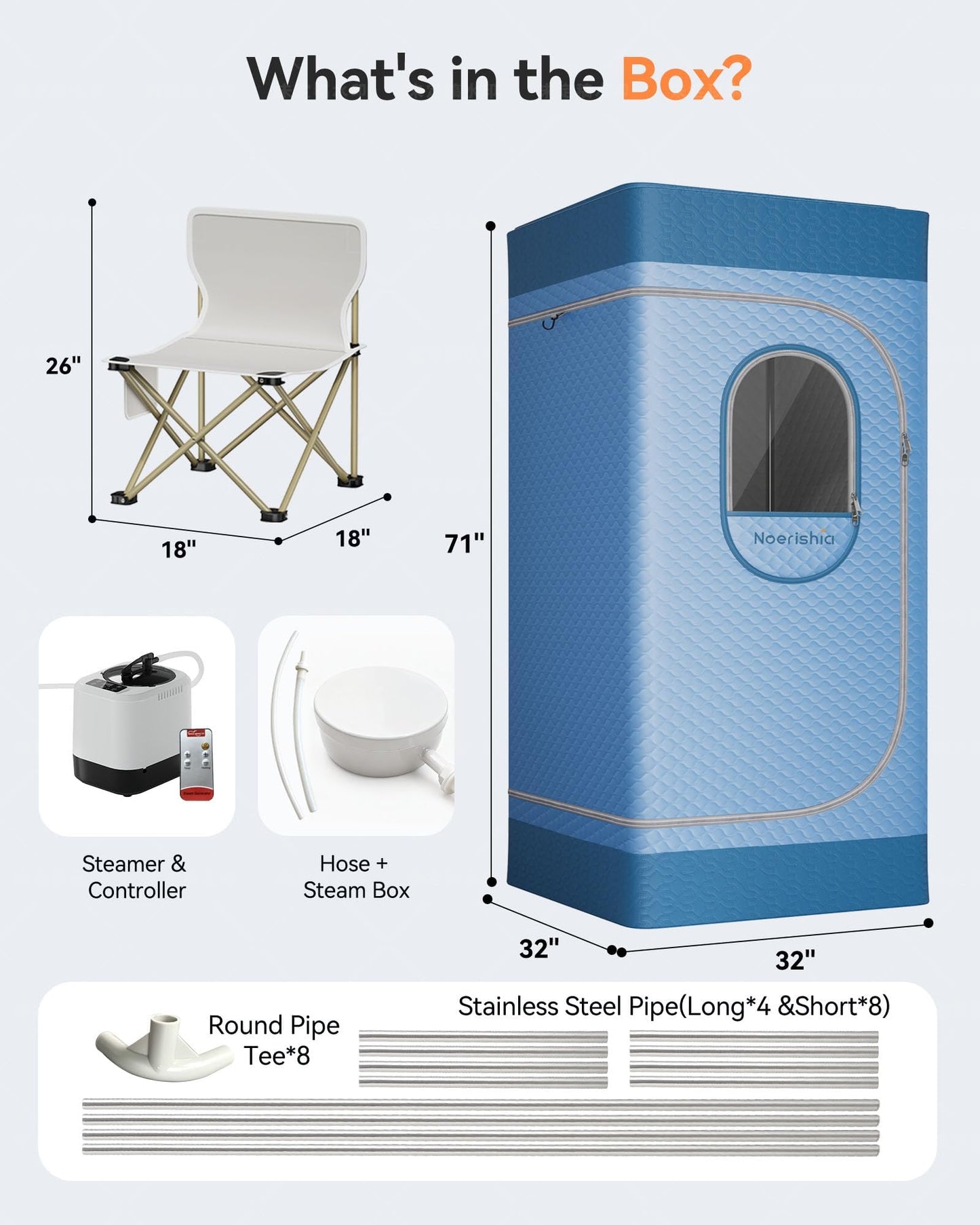 Portable Sauna for Home with 3L 1200W Steamer, Big Folding Chair, 99 Mins Timer, 9 Levels, Pernoanl Steam Sauna Tent Dual YKK Zippers for Home Spa Detoxification, 32' x32' x 71' (Light Blue)