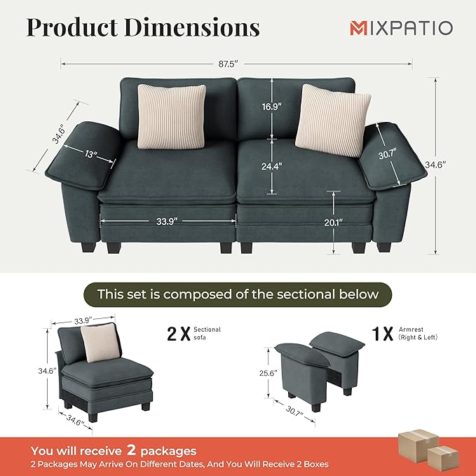 MIXPATIO 87" Cloud Modular Sectional Loveseat, 2-Seater w/Deep Seat & Removable Arms, Plush Chenille for Small Living Room & Apartment - Cyan
