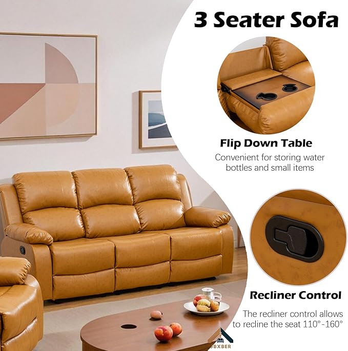 JBXBER Manual Recliner Sofa Set for Living Room, Leather Reclining Sofa Sets, Faux Leather Couch Set with Cup Holders, Drop-Down Table and Storage Console(Sofa and Chair,Ginger)