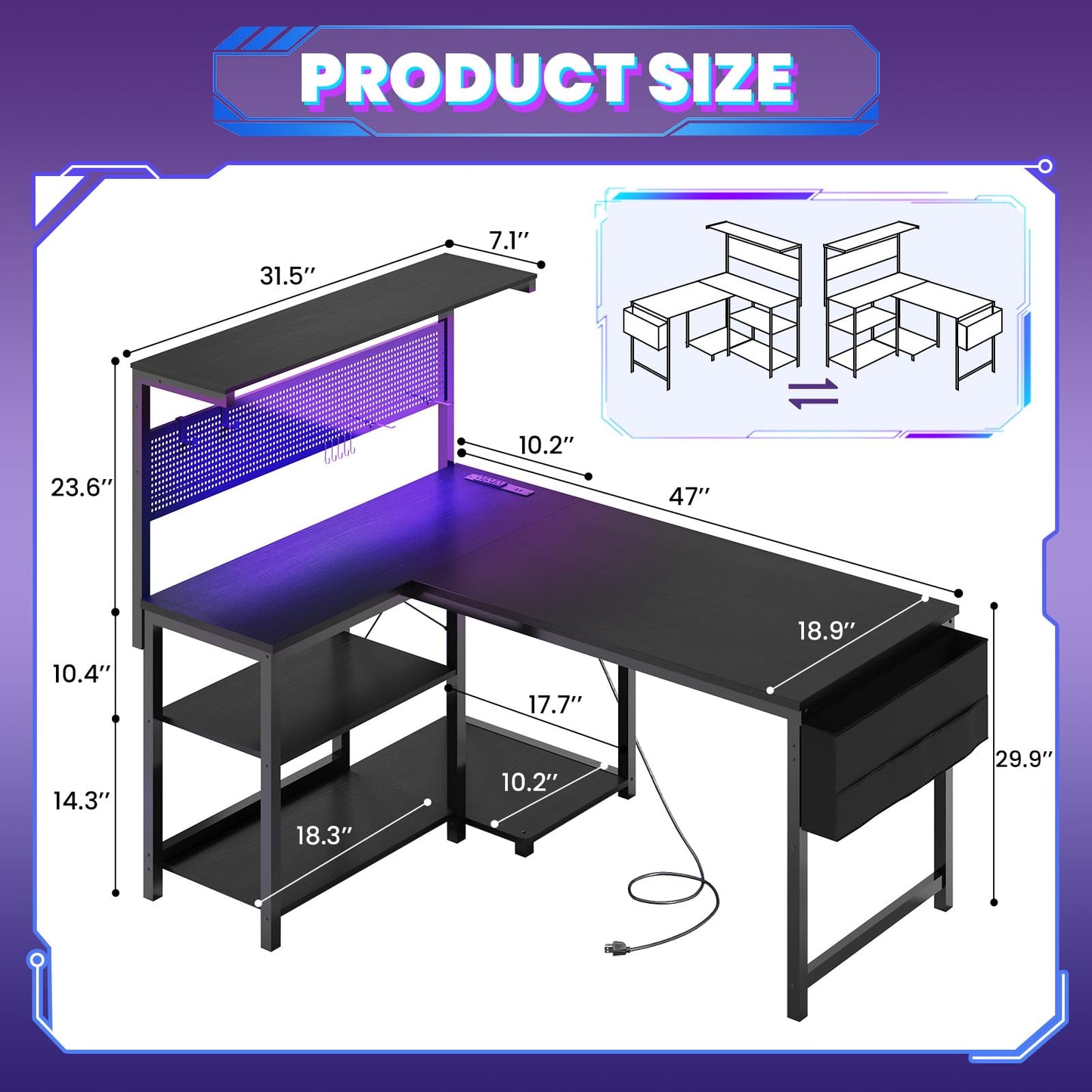 Apicizon L Shaped Desk Gaming Desk with LED Light & Power Outlet, 47 Inch Reversible Computer Desk with Pegboard & Shelf & Storage Bag for Home Office, Black