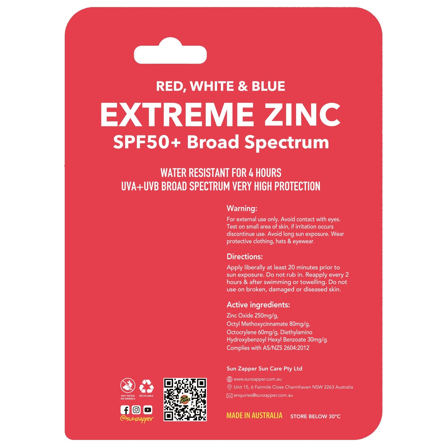 Sun Zapper Extreme Zinc Oxide Sunscreen Stick - SPF 50+ Water Resistant - 3-Pack (Red, White, Blue) - For Face - Made in Austral
