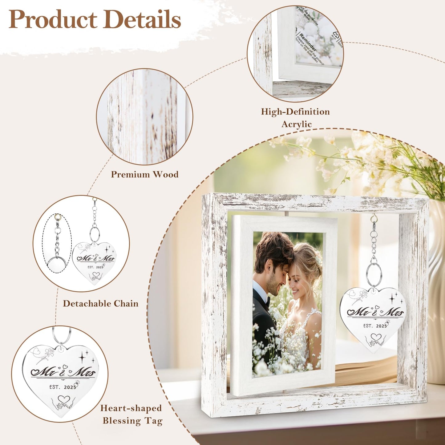 PIKPEOD Rotating Wedding Picture Frame 4x6 - Bridal Shower & Engagement Gifts for Couples & Newlyweds - Mr & Mrs Personalized Gifts